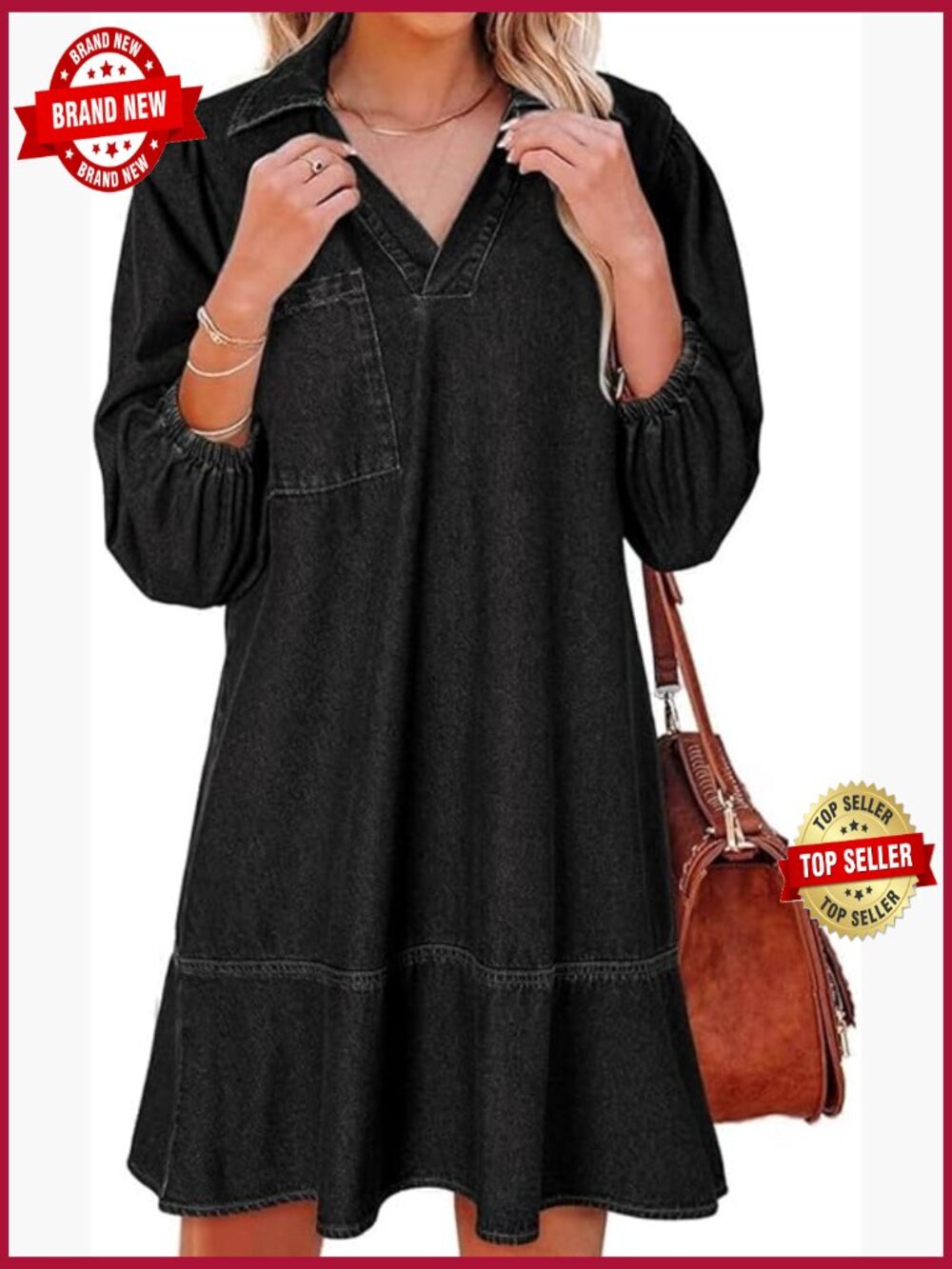 Collared V Neck Denim Dress 3/4 Sleeve Casual Loose Babydoll Jean Dress